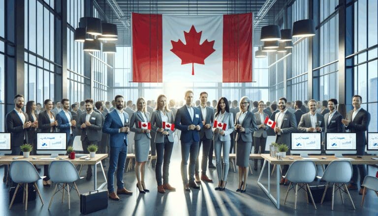 Empresarios reunidos en un moderno centro de innovación con banderas de Canadá y dispositivos electrónicos