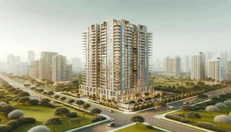 Torre de apartamentos modernos rodeada de áreas verdes en una ciudad latinoamericana.