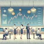 Ilustración de una startup fintech analizando gráficos de criptomonedas en una oficina moderna