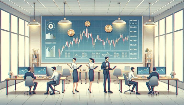 Ilustración de una startup fintech analizando gráficos de criptomonedas en una oficina moderna