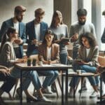 Jóvenes emprendedores reunidos en un coworking moderno durante una sesión de mentoría