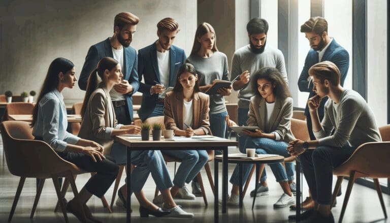 Jóvenes emprendedores reunidos en un coworking moderno durante una sesión de mentoría