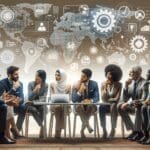 Reunión de emprendedores discutiendo estrategias tecnológicas en una sala moderna.