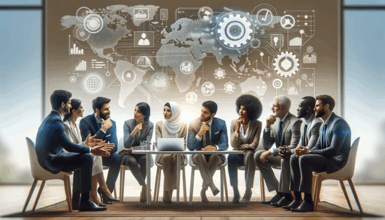 Reunión de emprendedores discutiendo estrategias tecnológicas en una sala moderna.