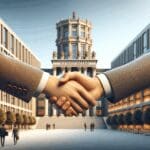 Manos estrechándose frente a un fondo de campus universitario con edificios modernos.