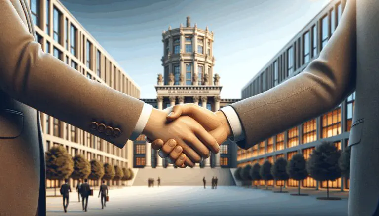 Manos estrechándose frente a un fondo de campus universitario con edificios modernos.