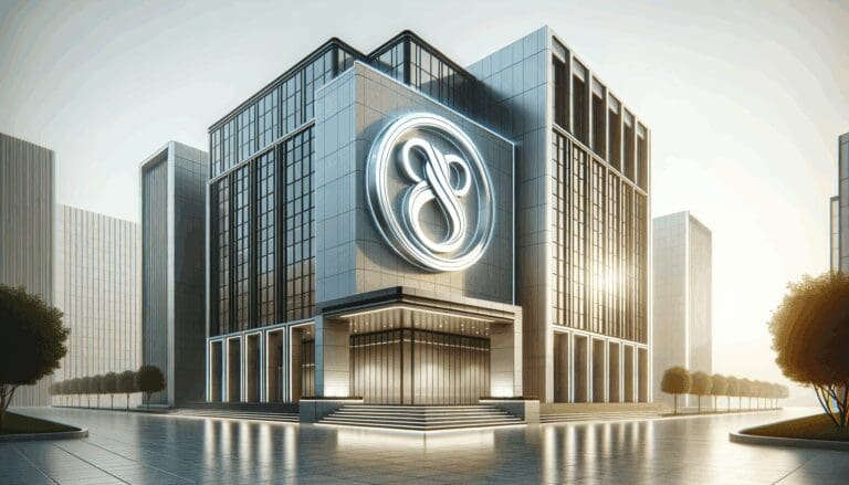 Edificio corporativo moderno con logotipo tecnológico.