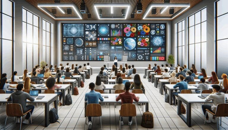 Aula moderna con sensores y pantallas digitales en uso por estudiantes