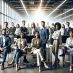 Retrato corporativo en una oficina moderna con elementos tecnológicos y equipo de trabajo diverso