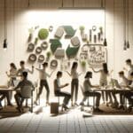 Grupo de jóvenes desarrolladores trabajando con materiales ecológicos en un laboratorio innovador