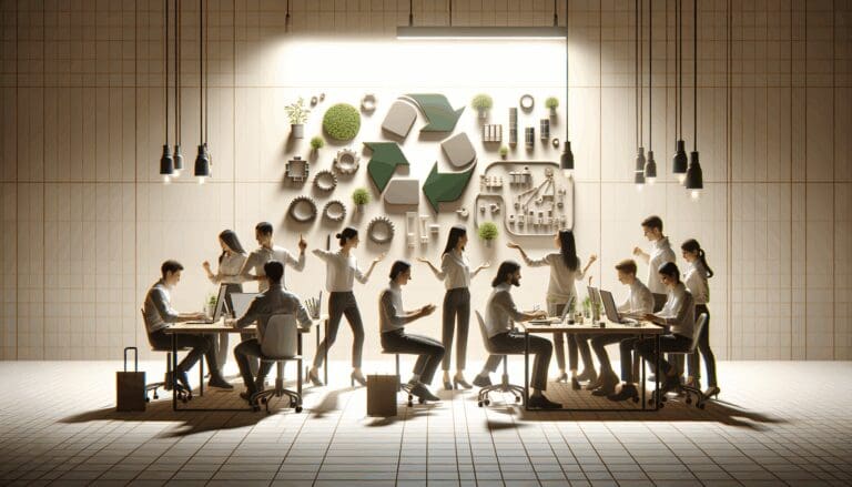 Grupo de jóvenes desarrolladores trabajando con materiales ecológicos en un laboratorio innovador