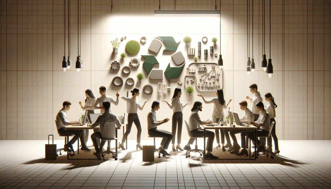 Grupo de jóvenes desarrolladores trabajando con materiales ecológicos en un laboratorio innovador