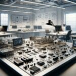 Primer plano de circuitos y prototipos sobre una mesa de trabajo tecnológica en un estudio moderno