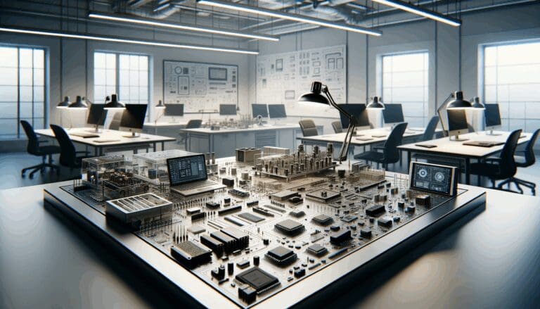 Primer plano de circuitos y prototipos sobre una mesa de trabajo tecnológica en un estudio moderno