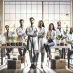 Equipo de emprendedores trabajando en un laboratorio moderno con plantas y muestras naturales