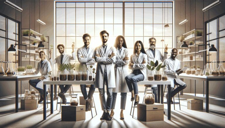 Equipo de emprendedores trabajando en un laboratorio moderno con plantas y muestras naturales
