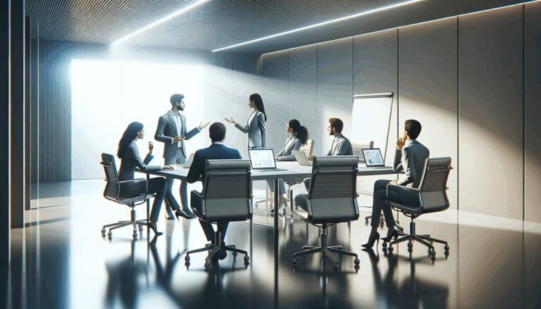 Equipo de trabajo colaborando en una oficina moderna con laptops y pizarras