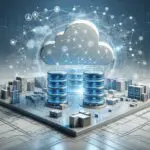 Render de centros de datos en la nube con gráficos digitales de redes y conexiones