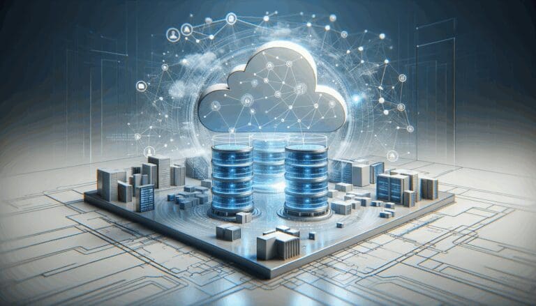 Render de centros de datos en la nube con gráficos digitales de redes y conexiones