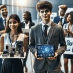 Emprendedores jóvenes presentando productos tecnológicos en una feria de innovación