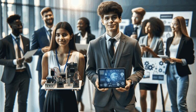 Emprendedores jóvenes presentando productos tecnológicos en una feria de innovación