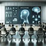 Sala de reuniones moderna con ejecutivos tecnológicos discutiendo frente a pantallas con gráficos de IA