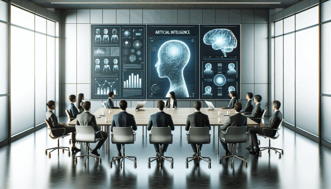 Sala de reuniones moderna con ejecutivos tecnológicos discutiendo frente a pantallas con gráficos de IA