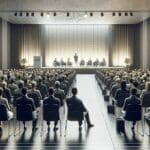 Emprendedores presentando ideas frente a inversionistas en un auditorio moderno