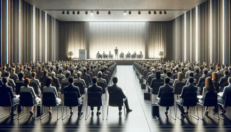 Emprendedores presentando ideas frente a inversionistas en un auditorio moderno