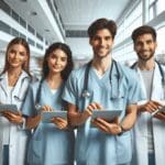 Equipo médico utilizando tabletas en una sala moderna de hospital