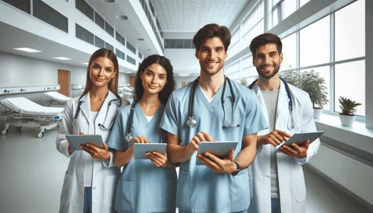 Equipo médico utilizando tabletas en una sala moderna de hospital