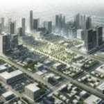 Vista aérea de una zona tecnológica urbana con edificios modernos y zonas verdes