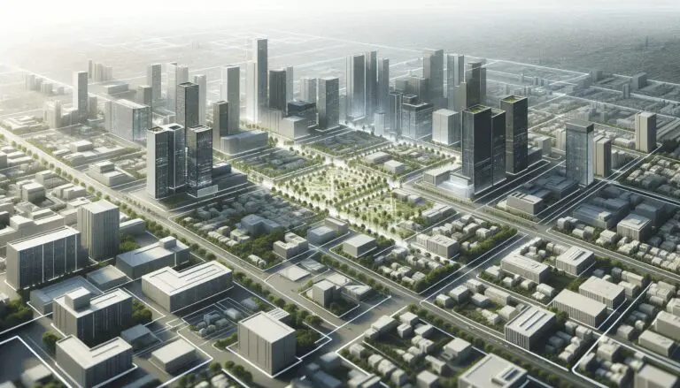 Vista aérea de una zona tecnológica urbana con edificios modernos y zonas verdes