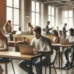 Personas trabajando en laptops dentro de un espacio de coworking moderno