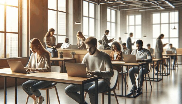 Personas trabajando en laptops dentro de un espacio de coworking moderno