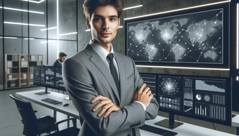 Retrato de un joven emprendedor en un entorno tecnológico con computadoras y pantallas de minería digital