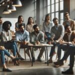 Grupo multicultural de emprendedores en una sesión de mentoría en un espacio coworking moderno