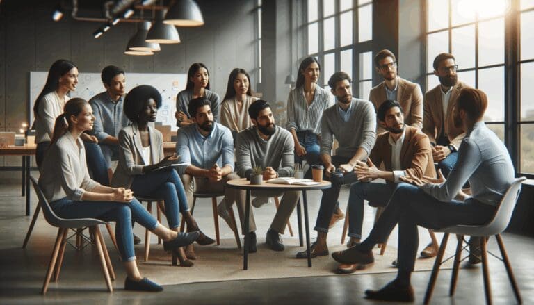 Grupo multicultural de emprendedores en una sesión de mentoría en un espacio coworking moderno