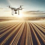 Dron volando sobre un cultivo agrícola en un campo amplio y soleado