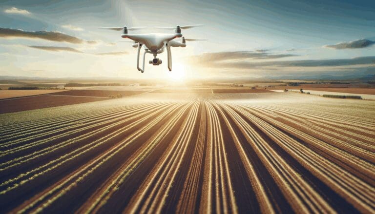 Dron volando sobre un cultivo agrícola en un campo amplio y soleado