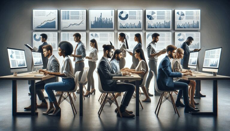 Equipo de jóvenes emprendedores trabajando con computadoras en una oficina moderna con gráficos de datos en pantallas