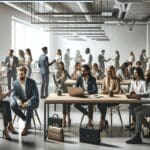 Reunión de emprendedores en un moderno espacio de coworking.