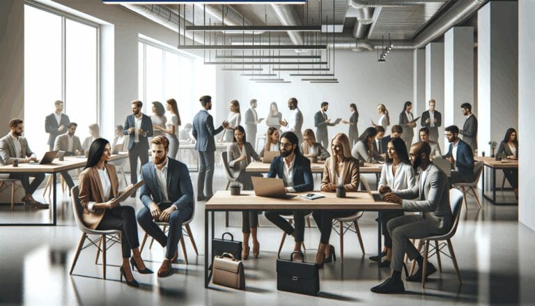 Reunión de emprendedores en un moderno espacio de coworking.