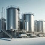 Instalación industrial moderna de biogás con estructuras tecnológicas y cielo despejado