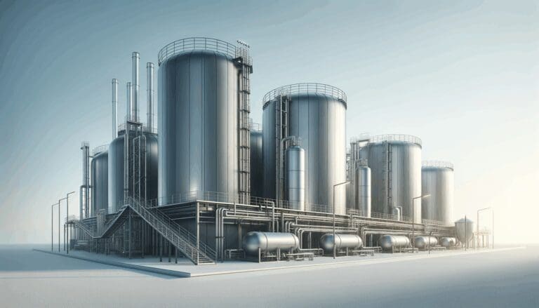 Instalación industrial moderna de biogás con estructuras tecnológicas y cielo despejado