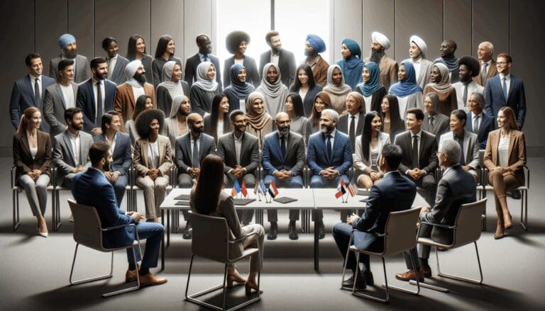 Grupo de emprendedores reunidos en una sala de conferencias moderna con representantes del gobierno