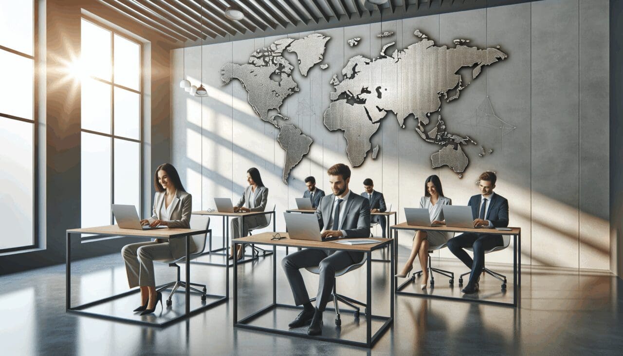 Oficinas modernas internacionales con equipos diversos trabajando en laptops