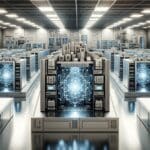 Primer plano de un laboratorio tecnológico con componentes de computación cuántica