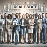 Grupo de emprendedores reunidos presentando una solución tecnológica inmobiliaria