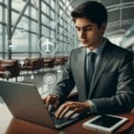 Persona joven trabajando con laptop en un café del aeropuerto, con íconos de conectividad en el fondo
